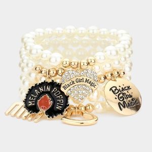 Cream Pearls Gold Pendant Charms Crystal BLACK GIRL MAGIC Beads Stretch Bracelet